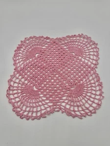 Vintage Small Square Hand Crocheted Pink Doily Cotton 7” X 7” - Picture 1 of 2