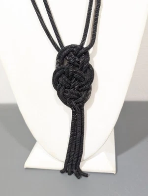 Black Metallic Knot Multi Mesh Chain Tassel Long Necklace Boho Nautical Gothic - Image 1 of 4