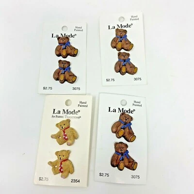 Lot 8 Hand Painted La Mode Teddy Bear Buttons Brown 3075 2354 Sewing Kids Crafts - Image 1 of 4