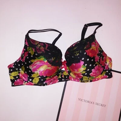 Sujetador Victoria Secret 32C Balconet Negro Rosa Floral Lunares Borde de Encaje Muy Sexy 2013 Foto 1 de 4