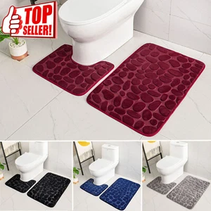 2-Piece Solid Bathroom Bath Mat Contour Rug Set Memory Foam Toilet U-Shaped Mat - Picture 1 of 30