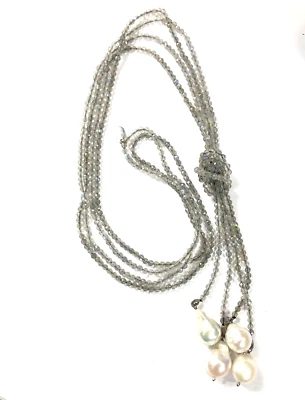 Collar con cuentas de cristal perla Lariat colgante plata de ley - 32 pulgadas de largo Foto 1 de 4