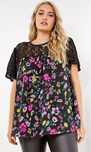 Simply Be Black Floral Boxy Blouse Lace Insert Short Sleeves Plus Size 30 EUR 58 - Picture 1 of 4