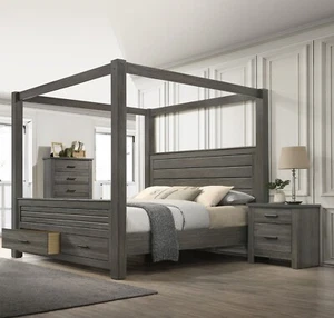 3Pc Gray King Canopy Bed Chest Nightstand Set Storage Footboard Solid Wood - Picture 1 of 5