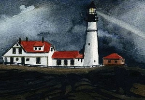 Cabezal Portland por la noche. Faro de la costa de Maine. Tarjetas de notas de acuarela - Imagen 1 de 2