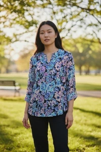 Kim Rogers Neu mit Etikett Damen L marine/lila/blau geblümt 3/4 Arm schwarz gefüttert  - Bild 1 von 6