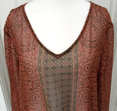 Liz Claiborne Top Womens Medium Orange Black Paisley Boho 3/4 Sleeve Sheer - Image 1 of 4
