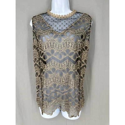 Top Y2K Vintage Mujer Grande Negro Encaje Transparente Dorado Metálico Crochet Glamour Art Deco Foto 1 de 4