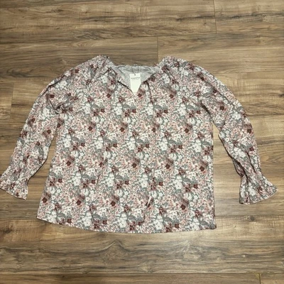 SimpleFun women's boho floral print V-neck blouse 2x Grey Mauve Pink NWT - Image 1 of 4