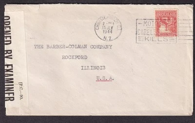 Nueva Zelanda 1944 Segunda Guerra Mundial PC90 cubierta de censor Taylor's Christchurch a Rockford IL Foto 1 de 2