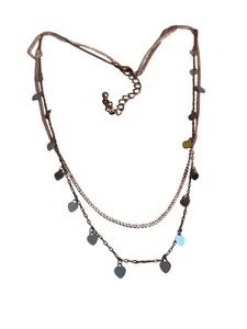Vintage 2 Strand Necklace Silver Tone Gunmetal Heart Dangles Layered Adj 20" - Picture 1 of 4