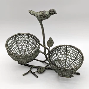 Rustic Cast Iron Bird Basket Holder 10" Double Wire Nests Faux Verdigris Finish - Picture 1 of 6