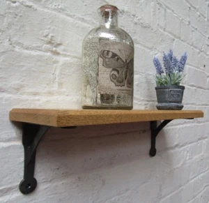 SOLID OAK WOOD HANDMADE SHELVES rustic wooden Shelf cast iron shelf brackets - Picture 1 of 6