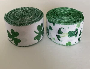 St. Patrick's Day (2) Green Wired Ribbon Clovers Leprechauns 2 1/2" x 10 Yds NEW - Picture 1 of 10