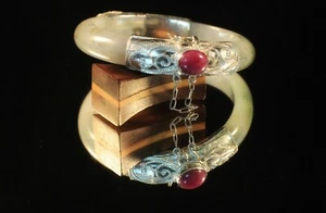 Antique Sterling Silver 925 Natural Jadeite Jade Bangle Pink Ruby Handmade AA14 - Picture 1 of 10
