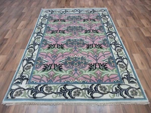 Handmade Wool Art Nouveau Rug – Pink & Green Floral Design Carpet | 6X9 ft - Picture 1 of 9
