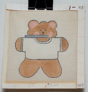  Hand Painted Needlepoint Canvas flutist teddy bear 5" x 4-1/2" - Picture 1 of 2