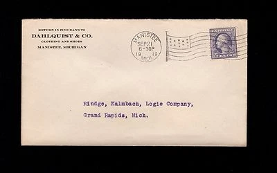 Dalquist & Co Clothing Shoes Manistee Michigan Flag Cancel 1918 Cover 1q - Image 1 of 2