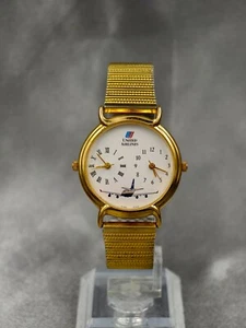 Rare United Airlines Unisex Gold Tone Dual Movt Dual Time Quartz Watch, Works - Picture 1 of 11