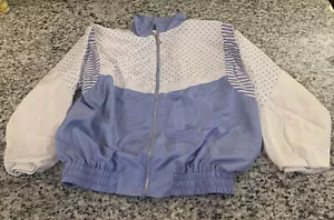 Vintage 90s Euro Joy Womens Wind Breaker Powder Blue Polka Dots Pearly White - Picture 1 of 6