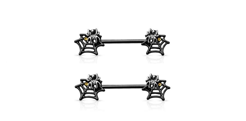 Par de arañas en tela con cristales amarillos y transparentes pezones barras joyería corporal Foto 1 de 1