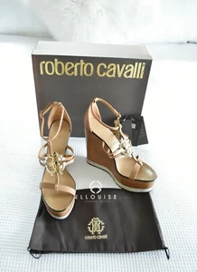 NEW IN BOX - SZ 39.5 AU 8.5 $1550 ROBERTO CAVALLI T-BAR TAN LEATHER WEDGES HEELS - Picture 1 of 12