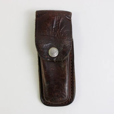 Funda para navaja de bolsillo de cuero marrón Schrade vintage defectuosa Foto 1 de 4