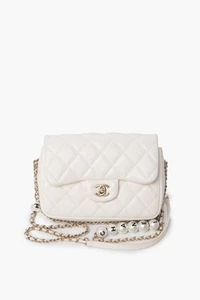 Chanel White Mini Flap Bag With Pearl Logo Chain - Picture 1 of 12