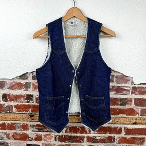 Vintage Tom Cat Nine Lives Jacket Sz Small Dark Wash Denim Vest Sherpa Lined 70s - Picture 1 of 4