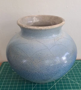 Studio Pottery Vase Denim Shades of Blue & Cream Artist Signed Ceramic 7.5" H - Picture 1 of 10