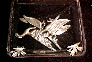 1940er Ming's Hawaii Sterlingsilber Paradiesvogel Heliconia Anstecknadel & Ohrringe - Bild 1 von 6