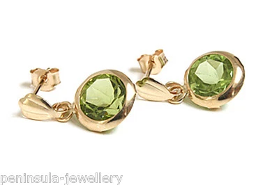 9ct Gold Peridot Drop Earrings 8mm Round Gift Boxed Made in UK - Image 1 of 4
