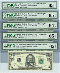 Fr. 2114C $50 1969 Federal Reserve Note 5 Consecutive 64-65 EPQ PMG DC-2162 - Picture 1 of 2
