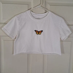 J Galt Womens Crop T-shirt One Size White Butterfly Embroidery Brandy Melville - Picture 1 of 12