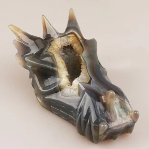 6.5" Natural Geode Agate Crystal Quartz Dragon Head Skull Hand Carved 895g - Picture 1 of 8