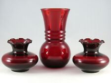 Vtg Set 3 Royal Ruby Vases Squat Crimped Bud Vases Banded Ball Vase Floral Decor