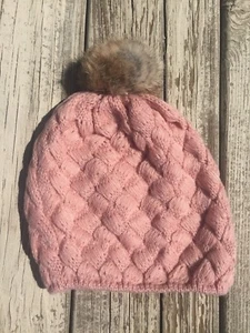 Adorable girl's pink crocheted baby beanie cap with real fur top new great gift - Picture 1 of 3