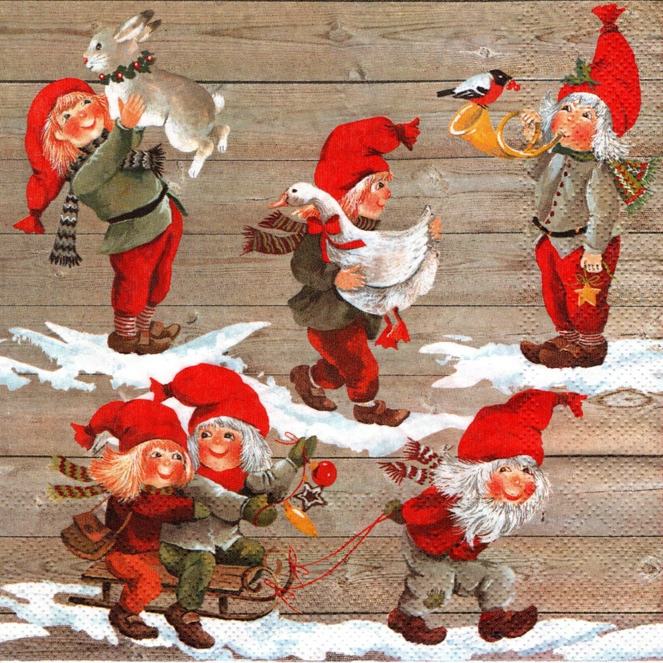 SERVIETTES EN PAPIER NOEL LUTINS ANIMAUX. PAPER NAPKINS CHRISTMAS ELVES ANIMALS