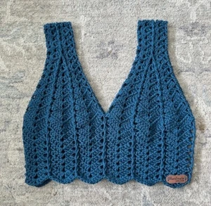 HANDMADE Crochet STEEL BLUE Cotton/Bamboo yarn V NECK Crop Top XS/S - Picture 1 of 6
