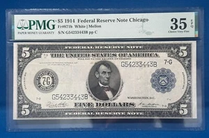 Series of 1914 $5 Federal Reserve Note – Chicago– White/Mellon – PMG VF35 EPQ - Picture 1 of 5