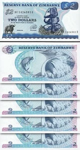 Zimbabwe 2 Dollars 1994, UNC, 5 Pcs LOT, Consecutive, P-1c - Picture 1 of 4