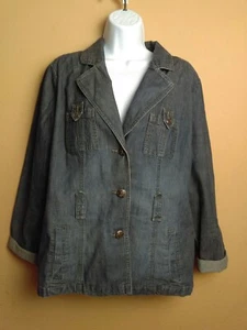 FRENCH CUFF Blue Long Denim Folded Sleeve Jacket Belt Loops Size Large - Picture 1 of 8