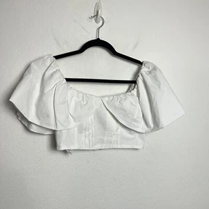 Mango Cropped White Cotton Blouse Size 2 Short Sleeve Draped Crop Top - Picture 1 of 8