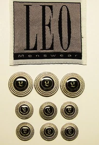 LEO replacement buttons 9 silver tone metal acrylic face black/gold background - Picture 1 of 9