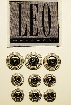 LEO replacement buttons 9 silver tone metal acrylic face black/gold background - Image 1 of 4