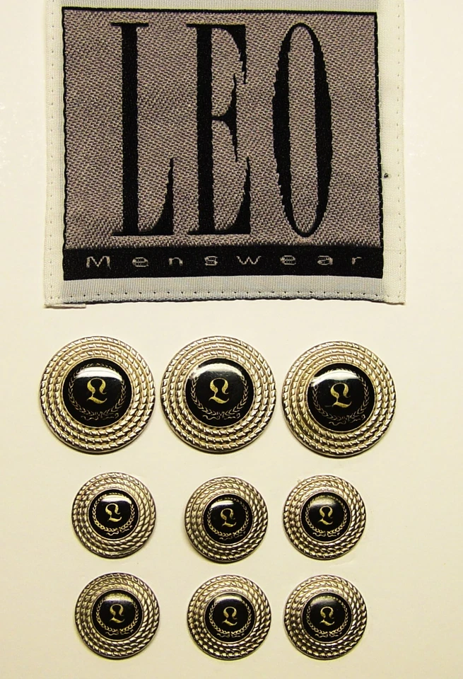 LEO replacement buttons 9 silver tone metal acrylic face black/gold background - Image 1 of 4