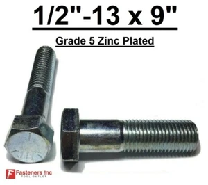 1/2-13 x 9" Hex Bolt Zinc Plated Grade 5 Cap Screw Coarse Partial Thread - Picture 1 of 10