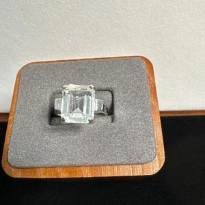 14K Plated White Gold Clean Aqua Square Ring Size 7. Clear Aqua Stone - Picture 1 of 12