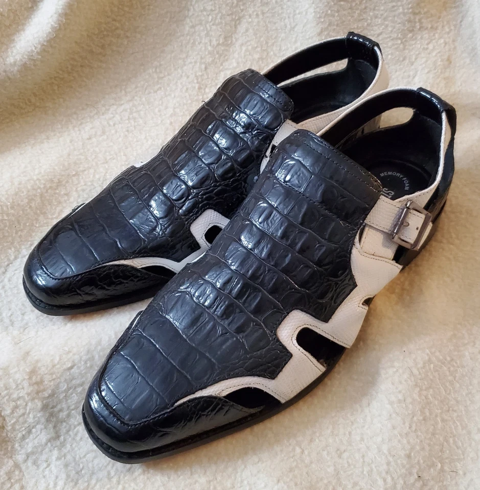 Sandalias de cuero Stacy Adams para hombre blancas y negras con estampado de cocodrilo talla 13 pescador Foto 1 de 4