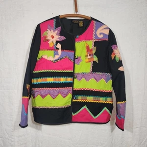 Vintage 90s ALLURE appliqué artsy jacket blazer colorful vibrant M cotton rayon - Picture 1 of 10
